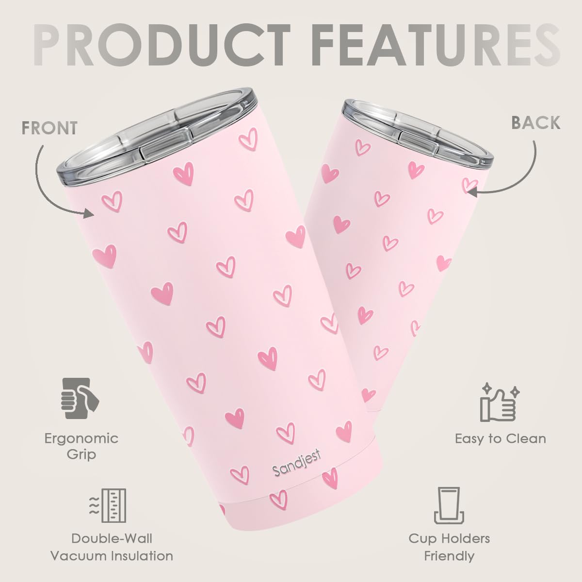 SANDJEST Heart Tumbler pink side view showcases sleek profile for effortless everyday use