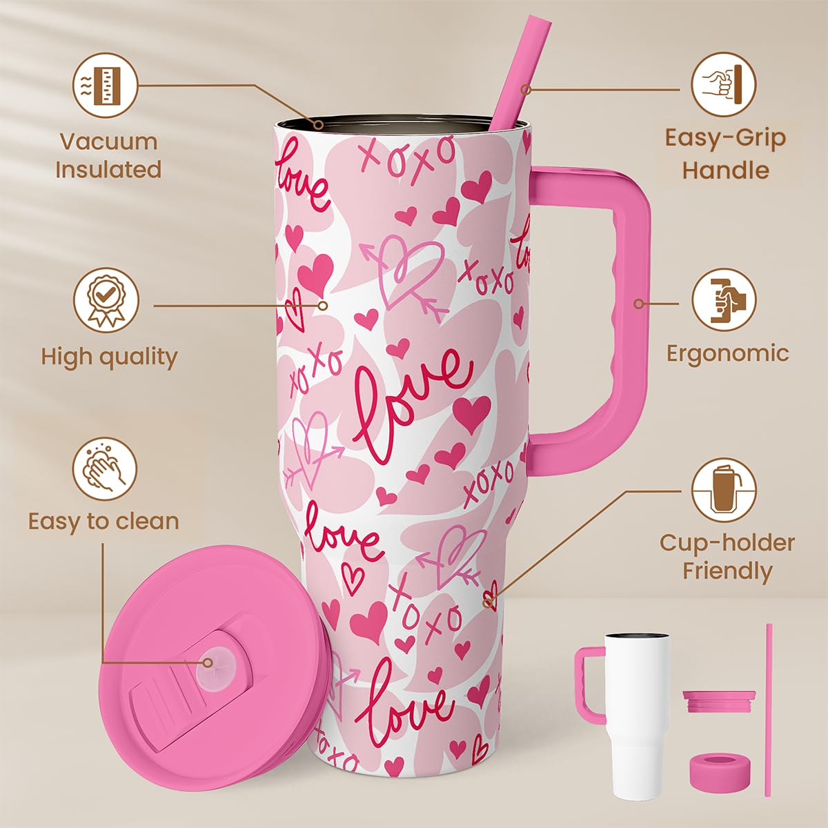 SANDJEST Heart Tumbler straw lid close-up for spill-resistant sipping