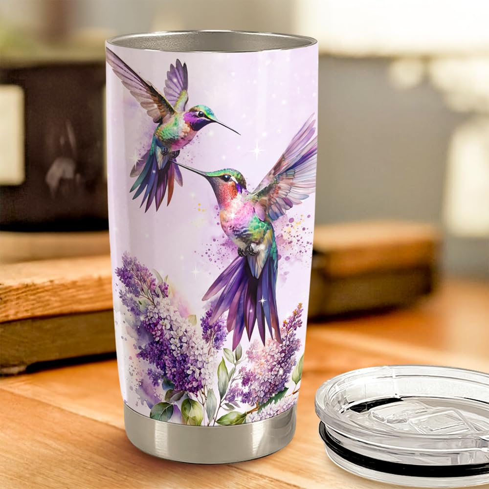 SANDJEST Hummingbird Tumbler ready with coffee on the go.