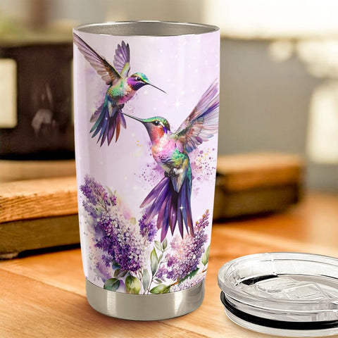SANDJEST Hummingbird Tumbler ready with coffee on the go.