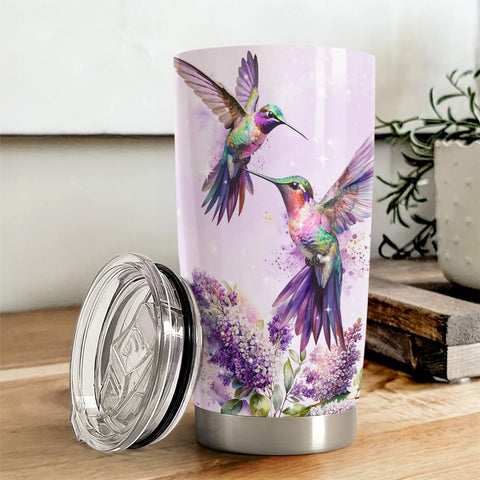 SANDJEST Hummingbird Tumbler close-up of secure lid to prevent spills.