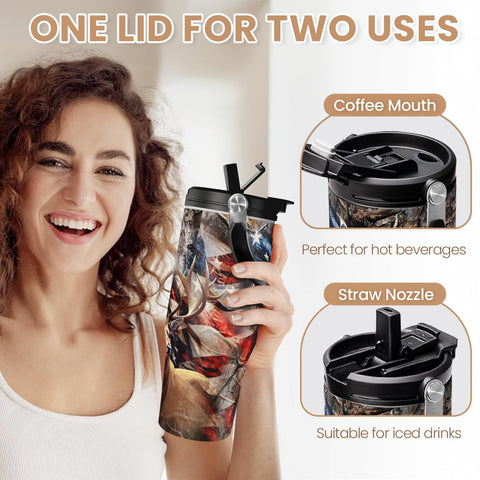 SandJEST hunting tumbler flip straw detail for easy sipping during outdoor adventures.