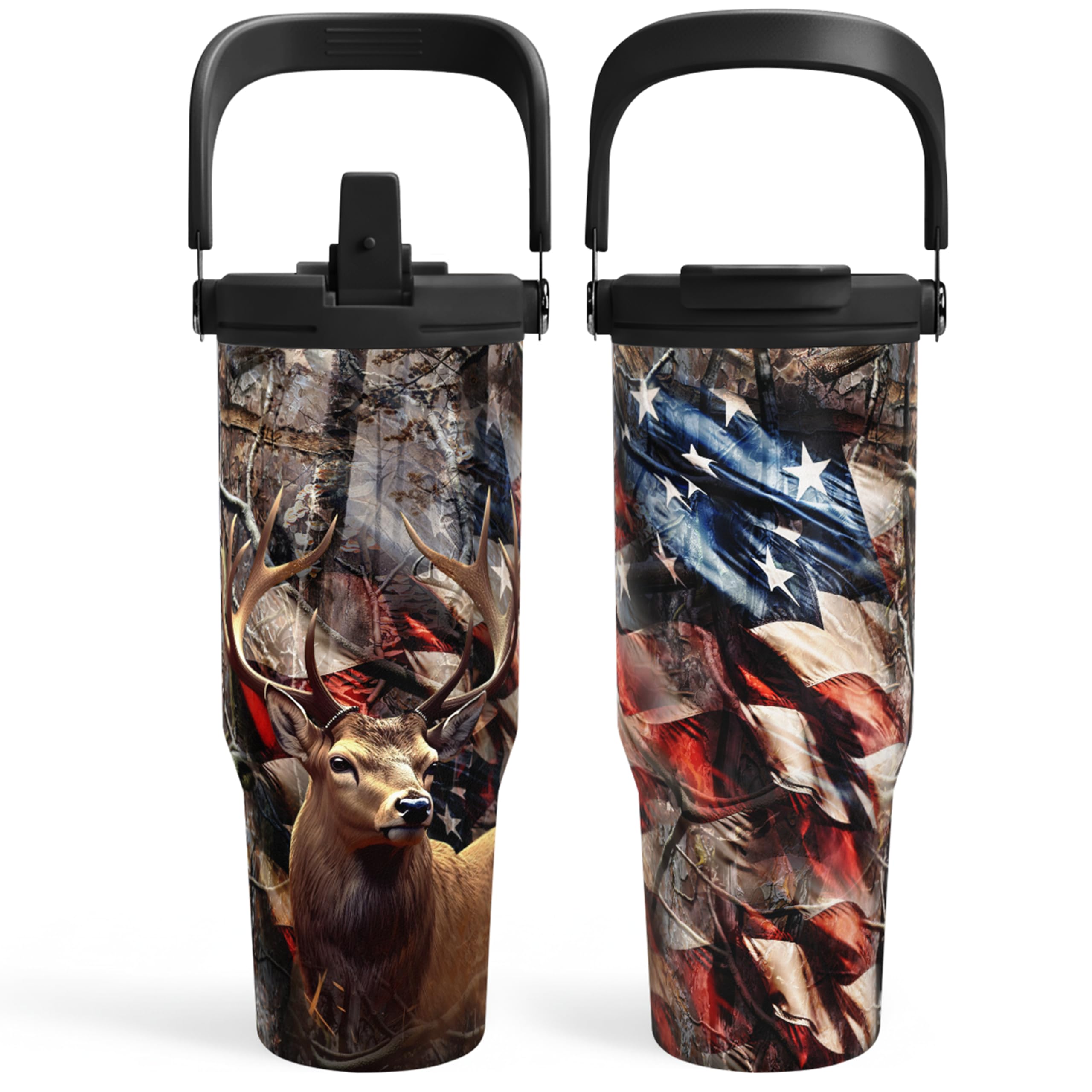 SandJEST hunting tumbler handle close-up highlighting durable 30oz stainless steel.