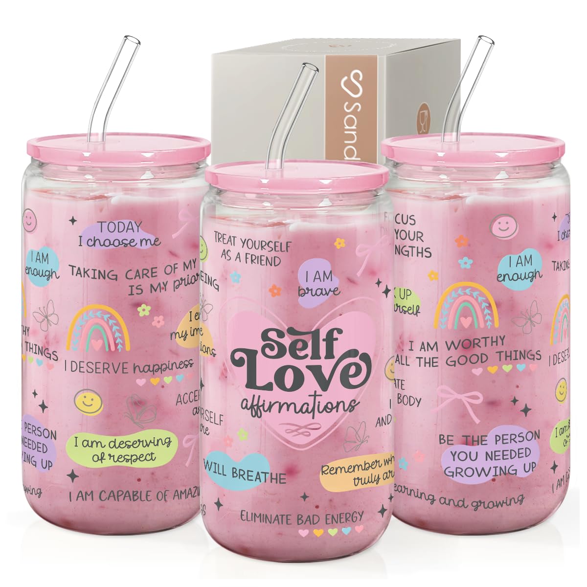 SANDJEST Inspiration Glass Can 16oz with bamboo lid for on-the-go hydration.