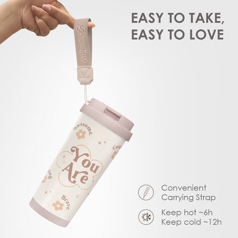 Compact SANDJEST Inspiration Tumbler fits car cup holders and backpacks