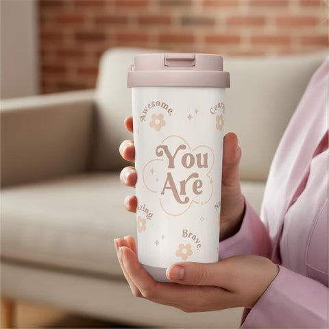 Dual function lid on SANDJEST Inspiration Tumbler for hot or cold drinks