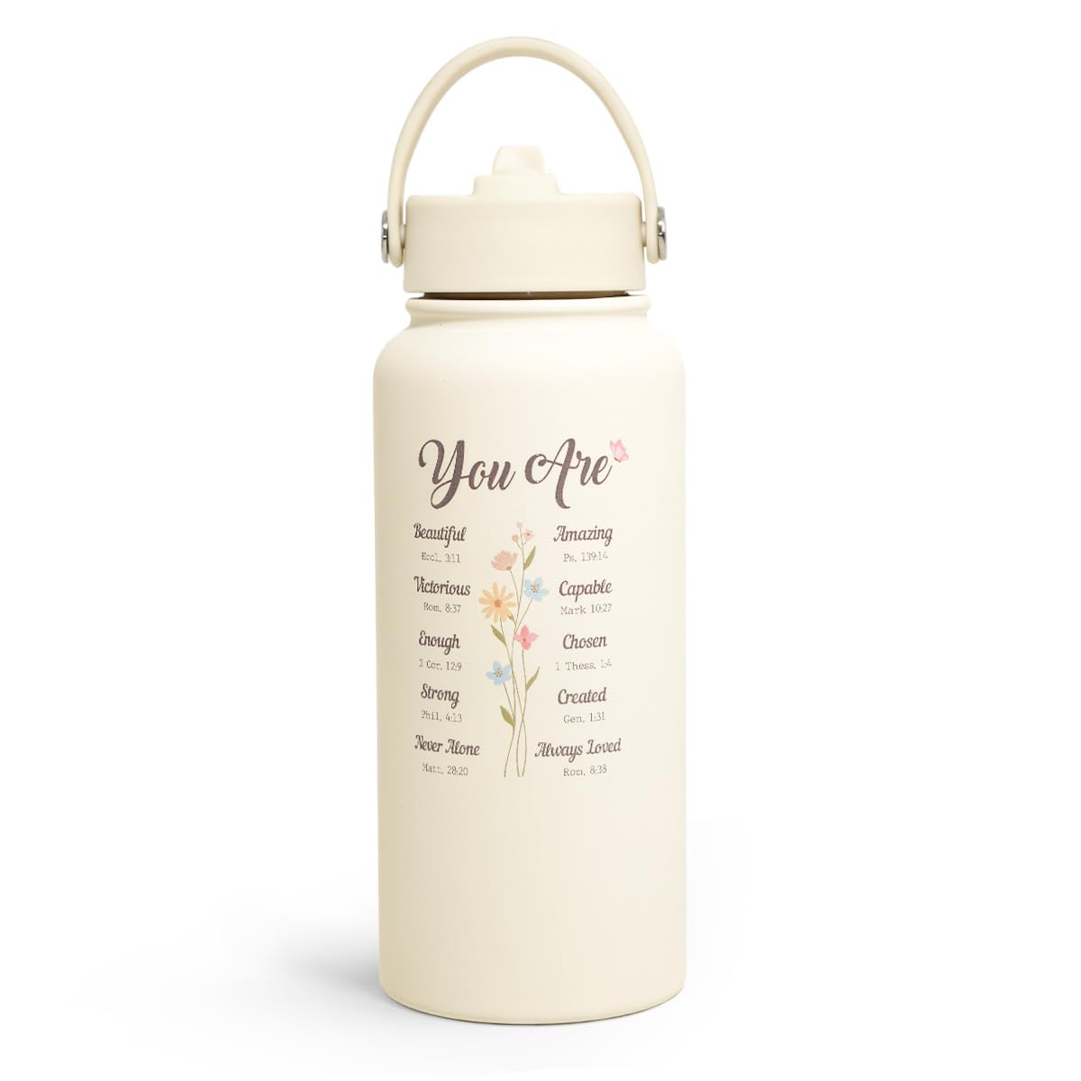 SANDJEST Inspiration Water Bottle 32oz close-up, stainless steel, keeps beverages cold during workouts.