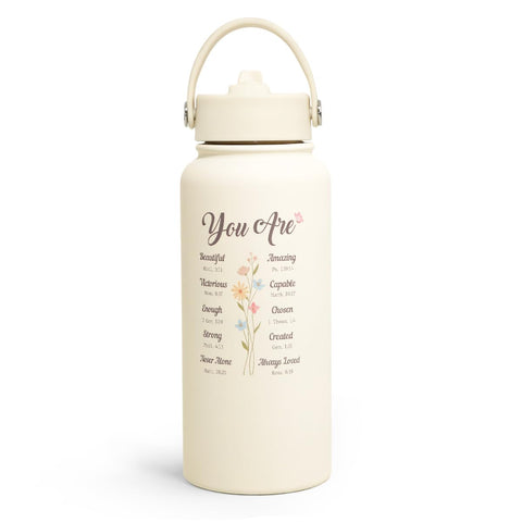 SANDJEST Inspiration Water Bottle 32oz close-up, stainless steel, keeps beverages cold during workouts.