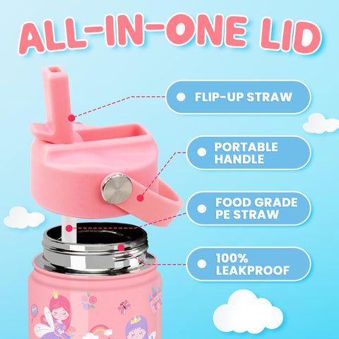 SANDJEST insulated 12oz kid bottle maintains cooler beverages on busy days.