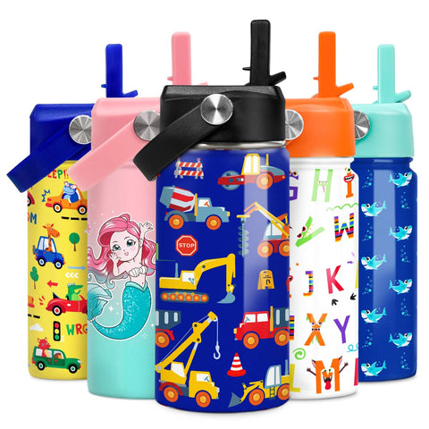 SANDJEST insulated stainless steel bottle keeps drinks cool during school days.