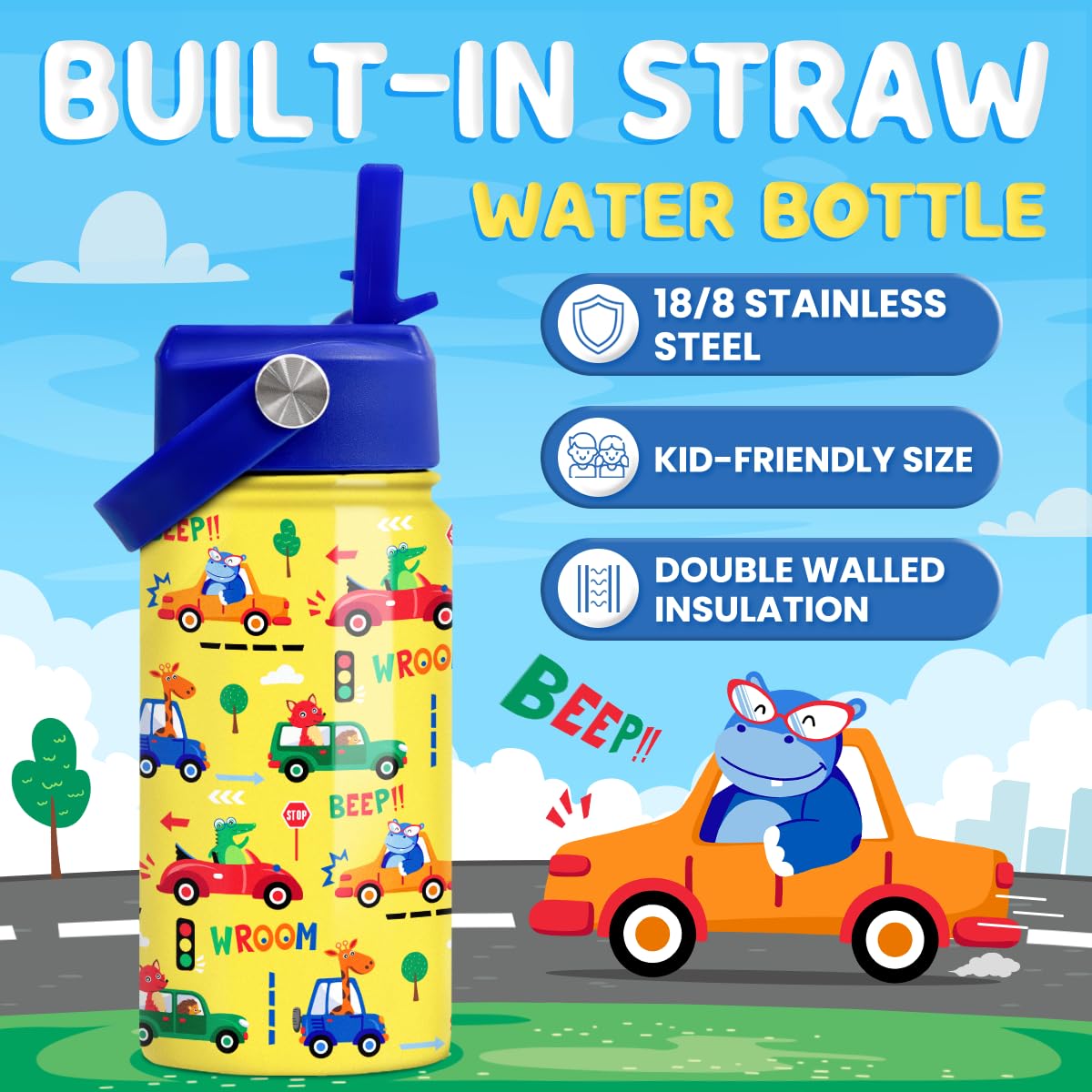 SANDJEST insulated stainless steel bottle featuring vehicle cars design