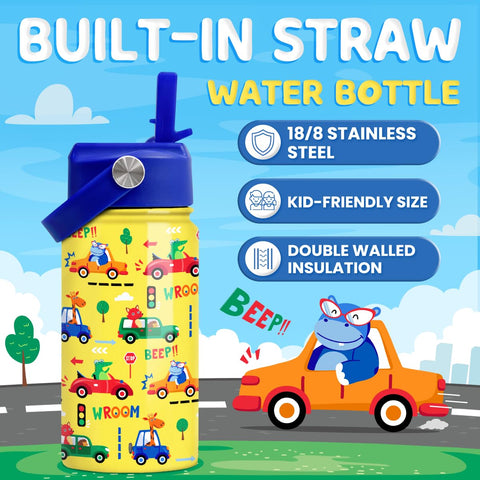 SANDJEST insulated stainless steel bottle featuring vehicle cars design