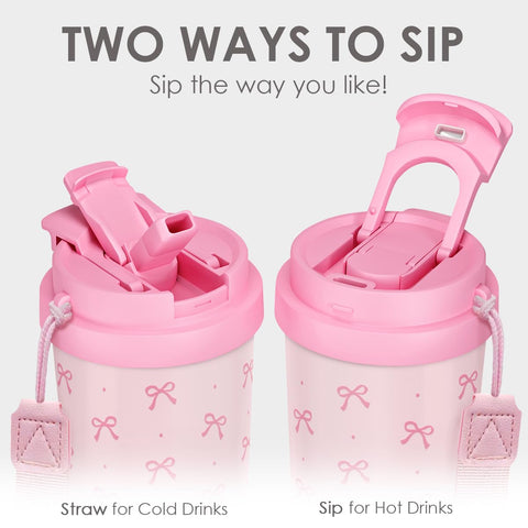 SANDJEST Bow Tumbler insulated stainless keeps drinks hot or cold.