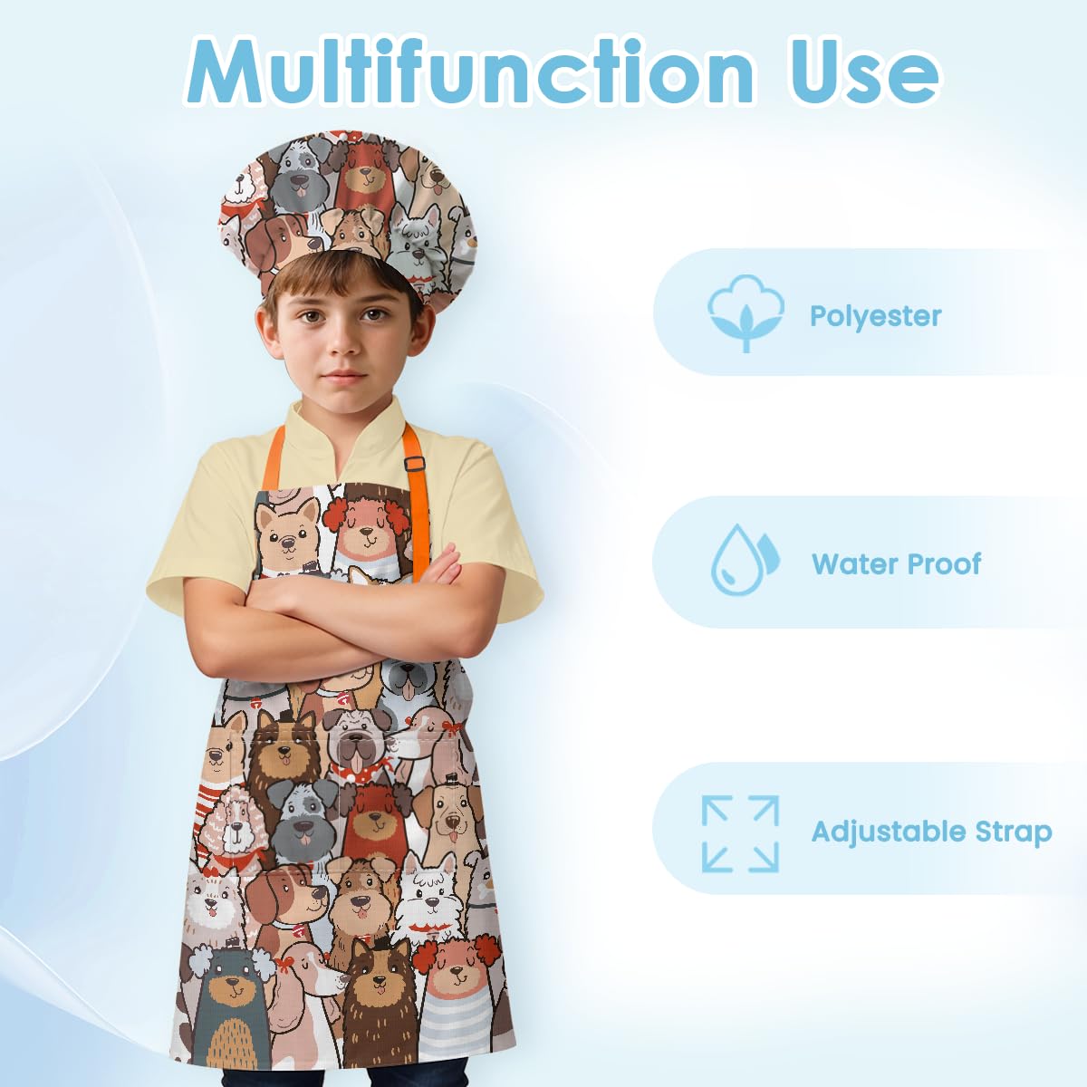 SANDJEST kids chef hat close-up, completes a playful, mess-friendly look.