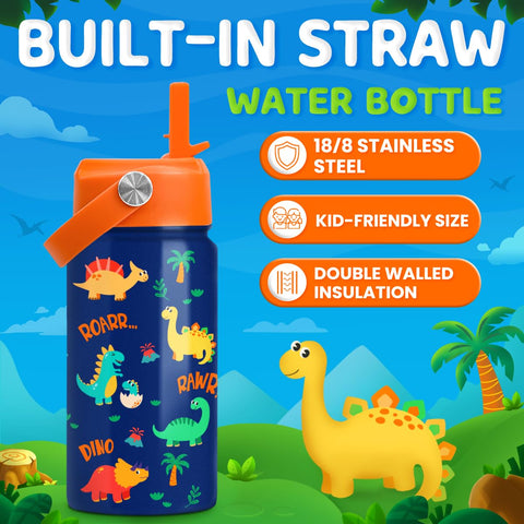 Sandjest 12oz insulated kids bottle keeps drinks cool during activities.