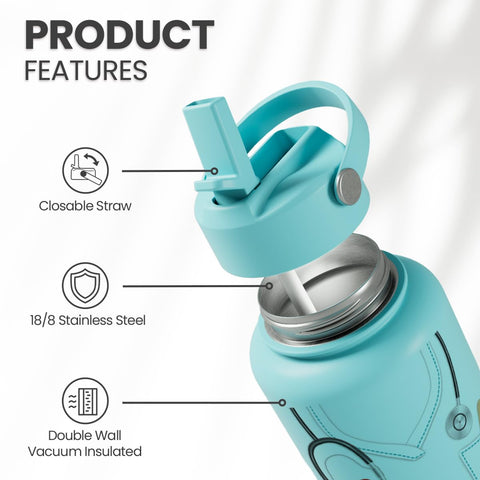 The SANDJEST Leakproof Lid Water Bottle in close-up for spill-free travel.