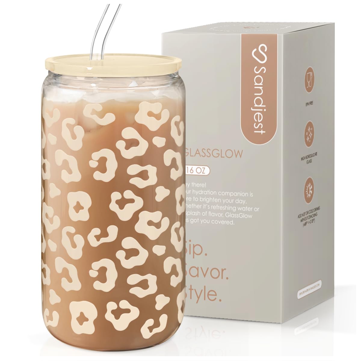 SANDJEST leopard glass can with beige leopard print lid and straw for stylish iced drinks.