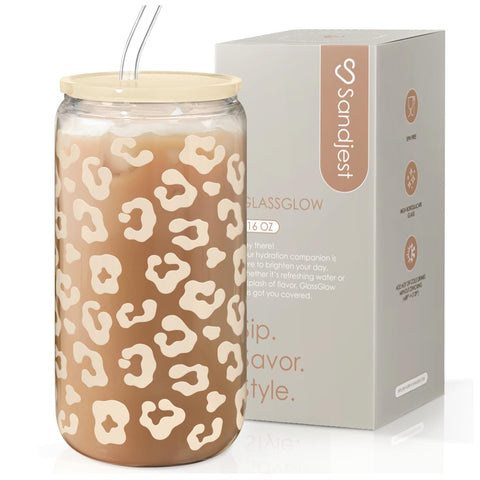 SANDJEST leopard glass can with beige leopard print lid and straw for stylish iced drinks.
