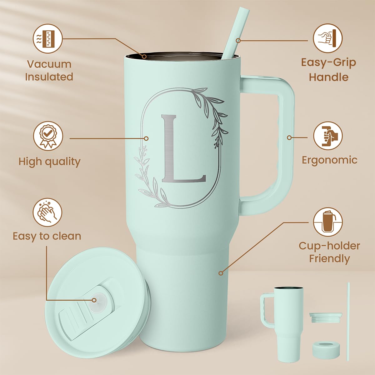 Letter L monogram close-up showing refined initial design on SANDJEST tumbler