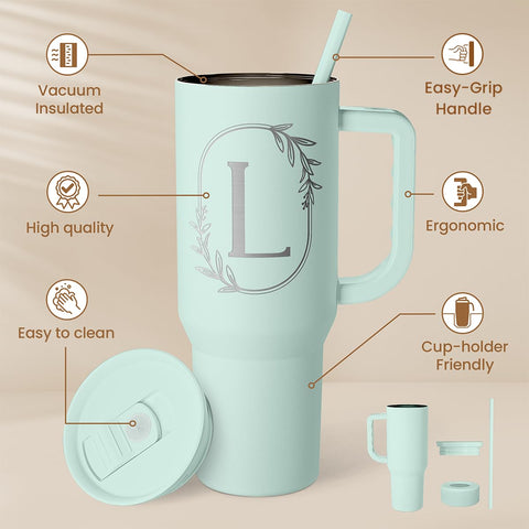 Letter L monogram close-up showing refined initial design on SANDJEST tumbler