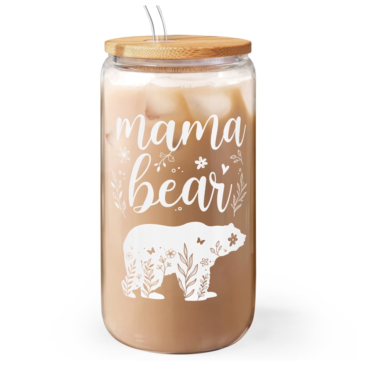 SANDJEST Mama Bear 16oz glass tumbler with bamboo lid and straw for iced coffee on the go.