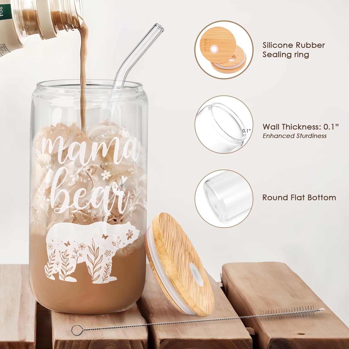 SANDJEST Mama Bear clear glass design for everyday hydration.