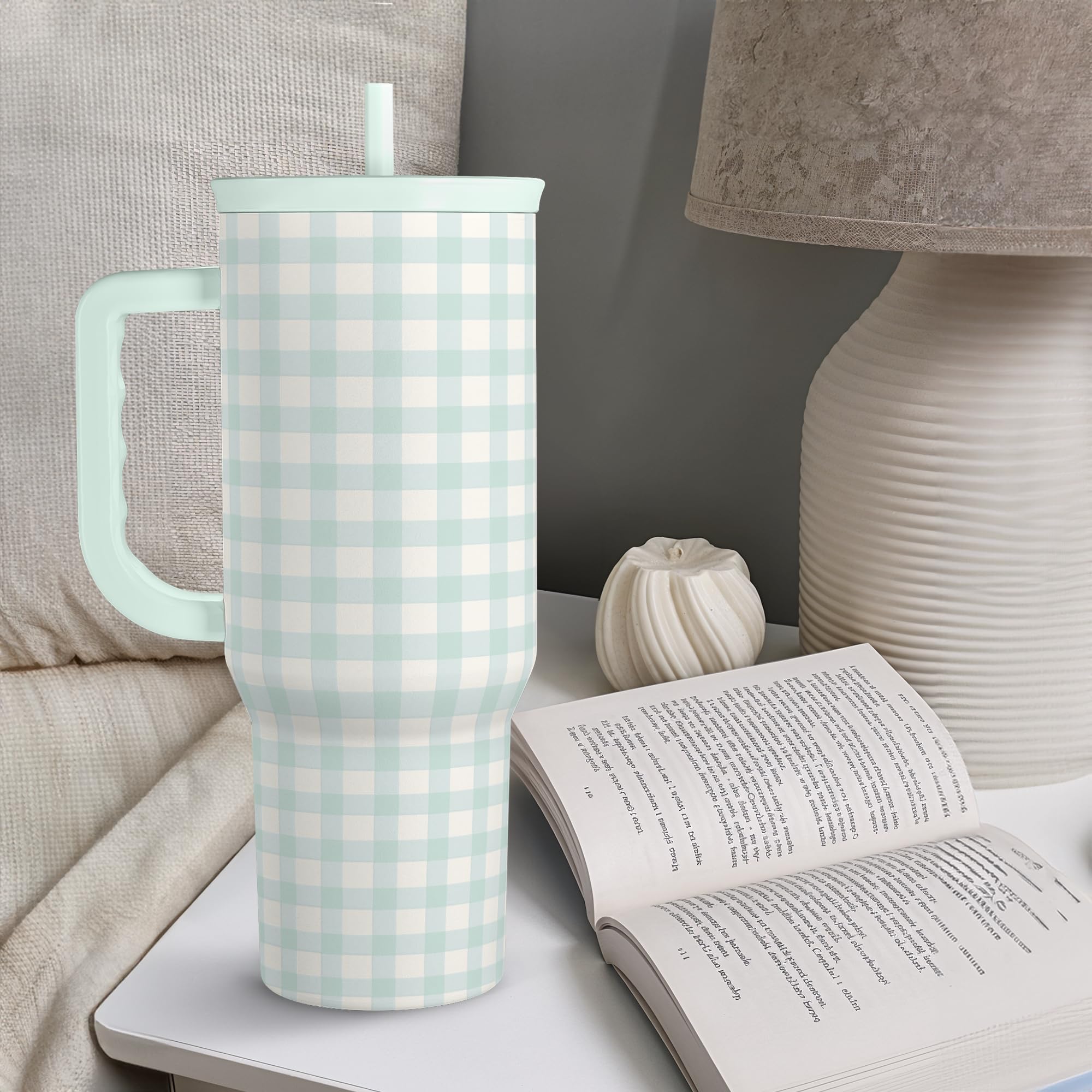 SANDJEST Mint Gingham tumbler on the move during travel and errands