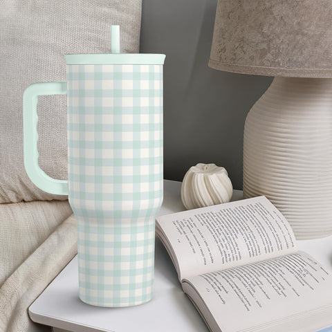 SANDJEST Mint Gingham tumbler on the move during travel and errands