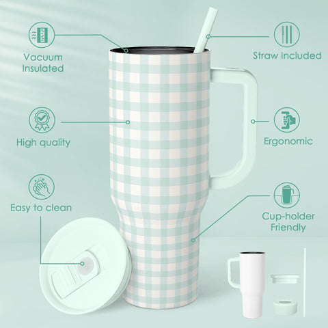 SANDJEST Mint Gingham 40oz tumbler with straw attached for convenient sipping