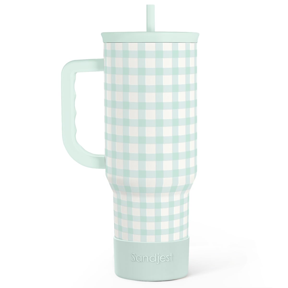 SANDJEST Mint Gingham 40oz tumbler with handle for easy grabbing on the go