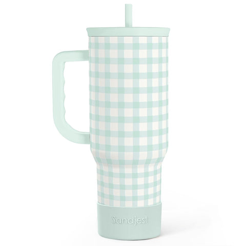 SANDJEST Mint Gingham 40oz tumbler with handle for easy grabbing on the go