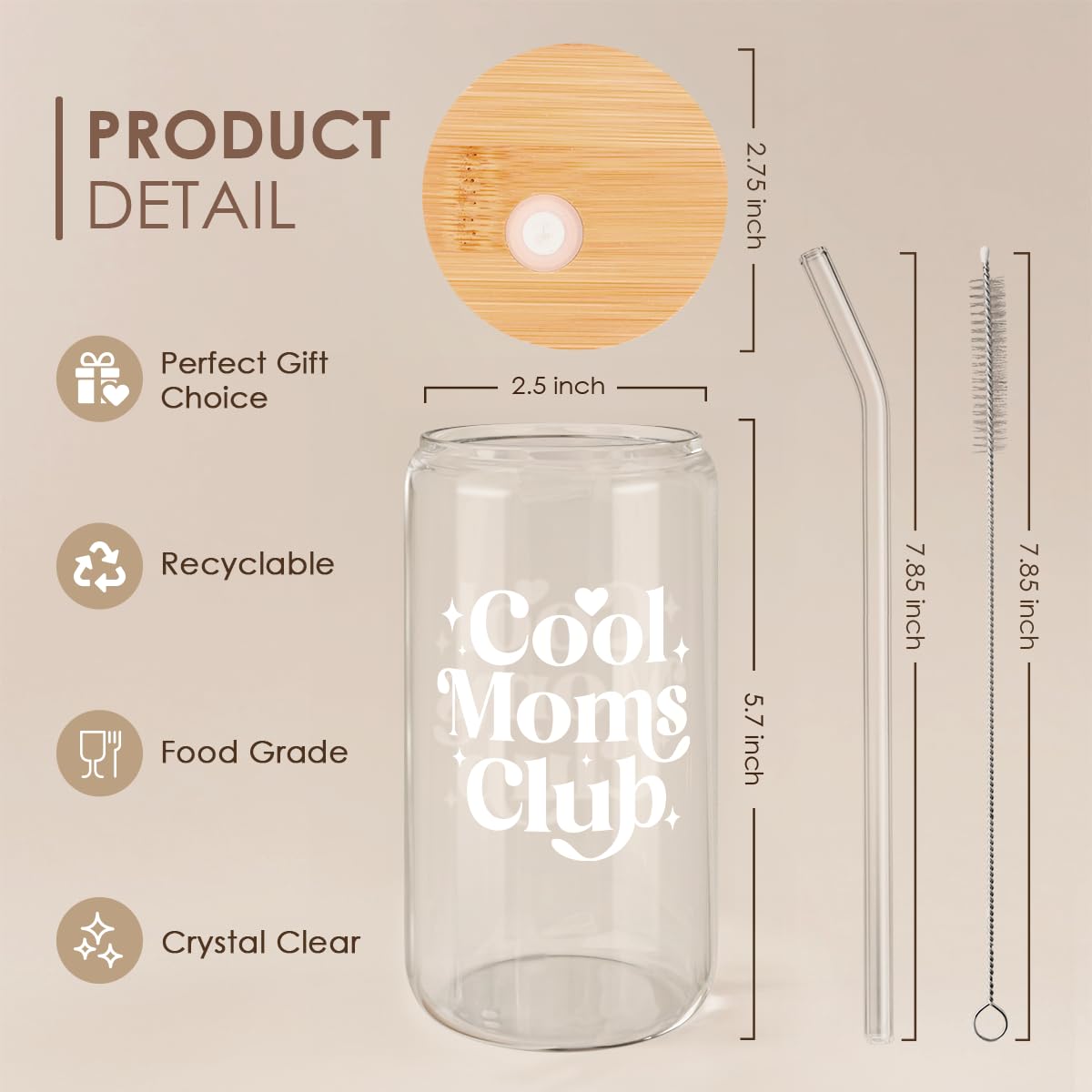 Sandjest Mom glass bottle in clear design with lid for stylish daily use.