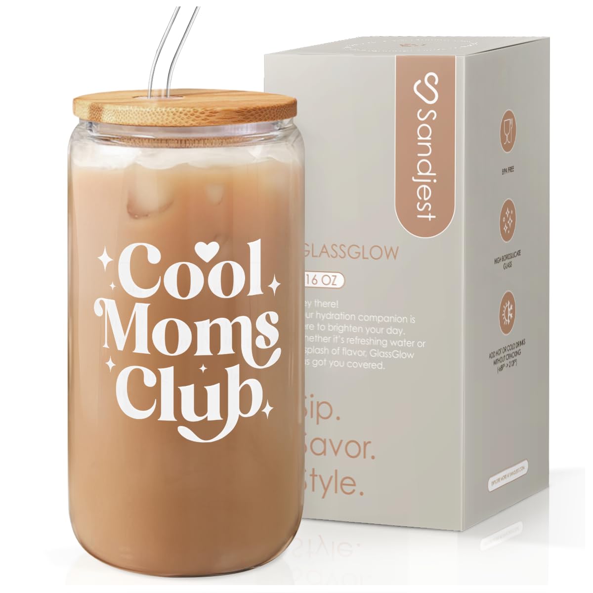 Sandjest Mom Glass Can with lid and straw for easy, spill-free on-the-go sipping.
