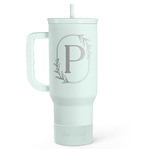 SANDJEST monogram 40oz tumbler with handle close-up for personalized gift