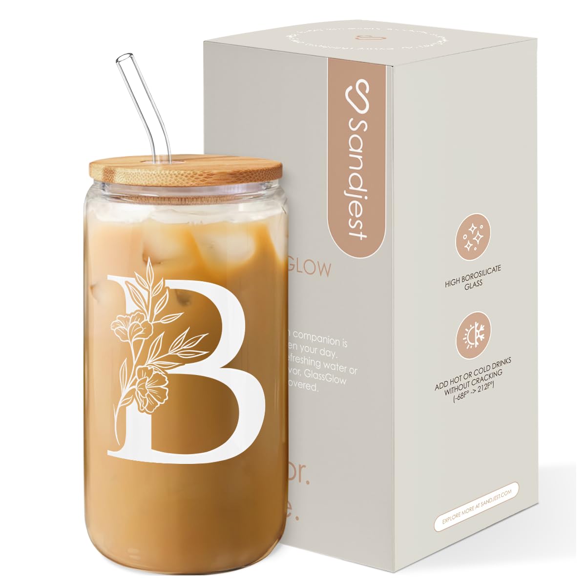SANDJEST monogram B initial glass cup 16oz with lid and straw, ideal for iced coffee