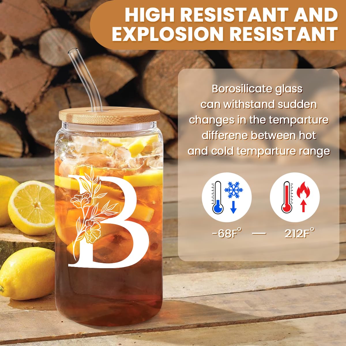 SANDJEST monogram gift glass cup with bamboo lid, a sustainable option