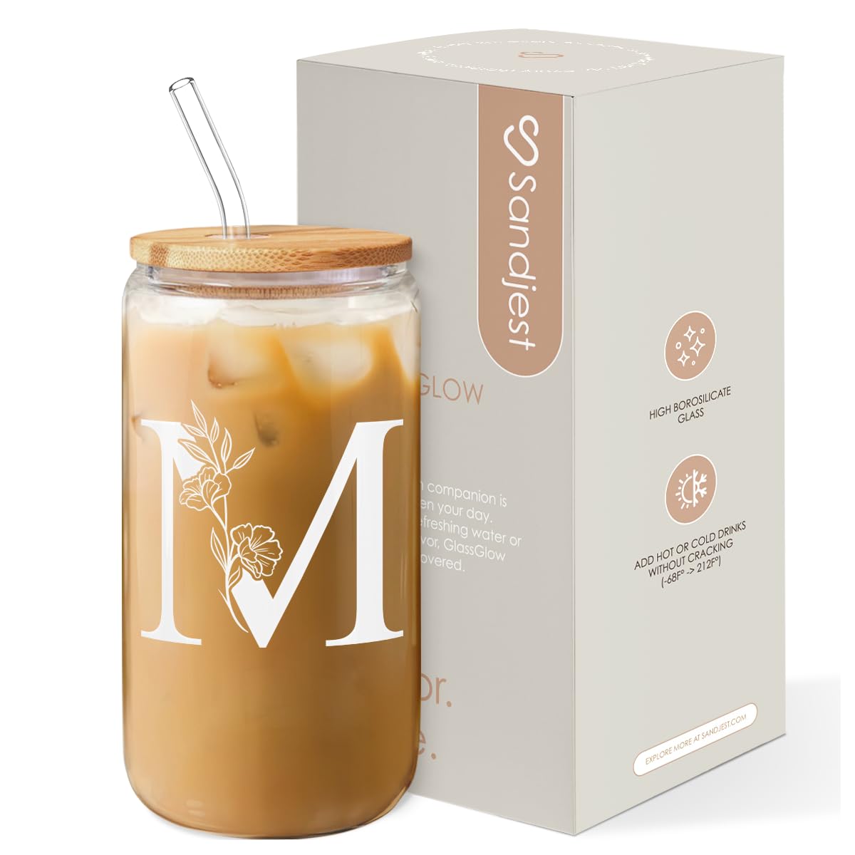 SANDJEST Monogram M glass cup front view for personalized everyday drinks