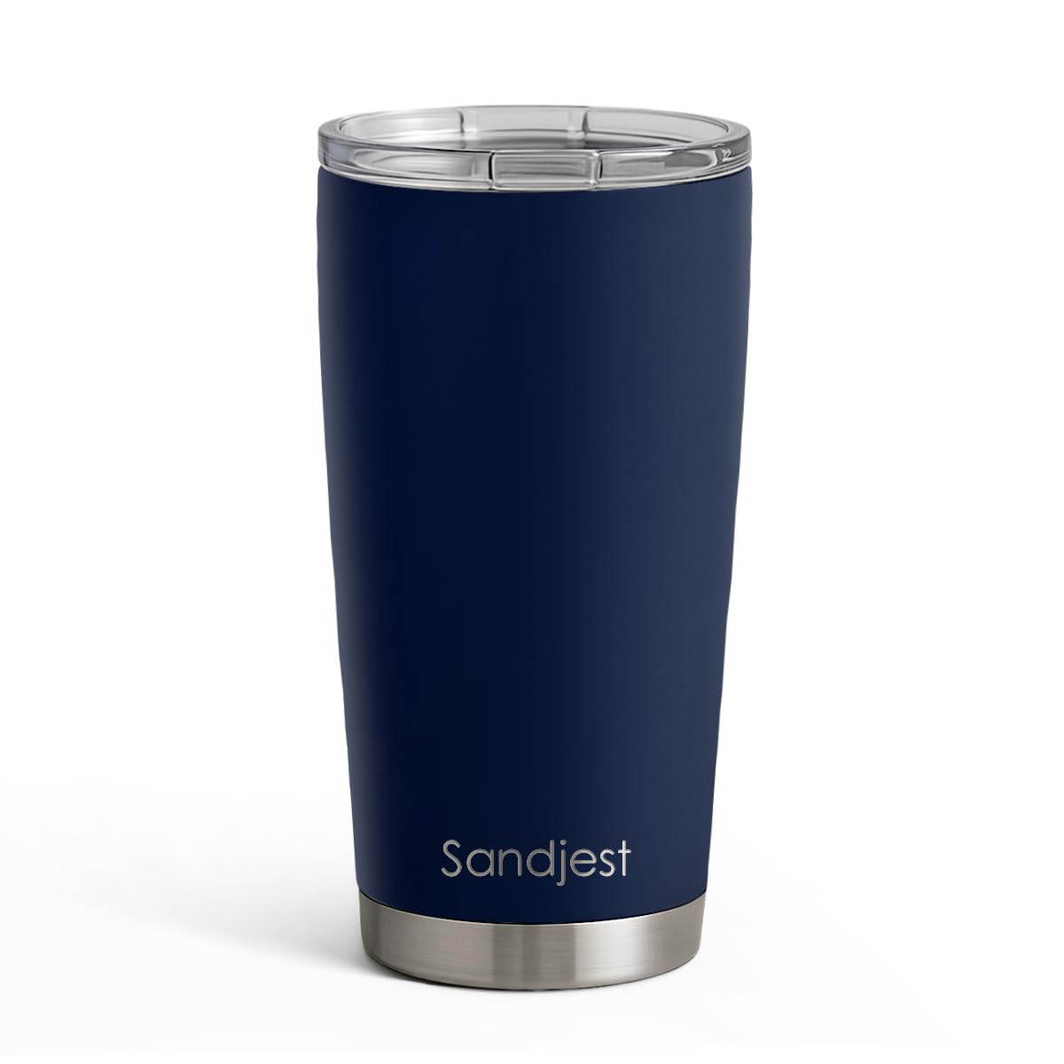 SANDJEST Navy Tumbler 20oz front view, sleek stainless steel exterior for daily coffee