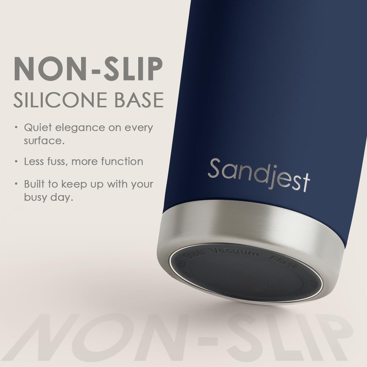 SANDJEST Navy Tumbler 20oz in-use at cafe demonstrates easy one-handed sipping