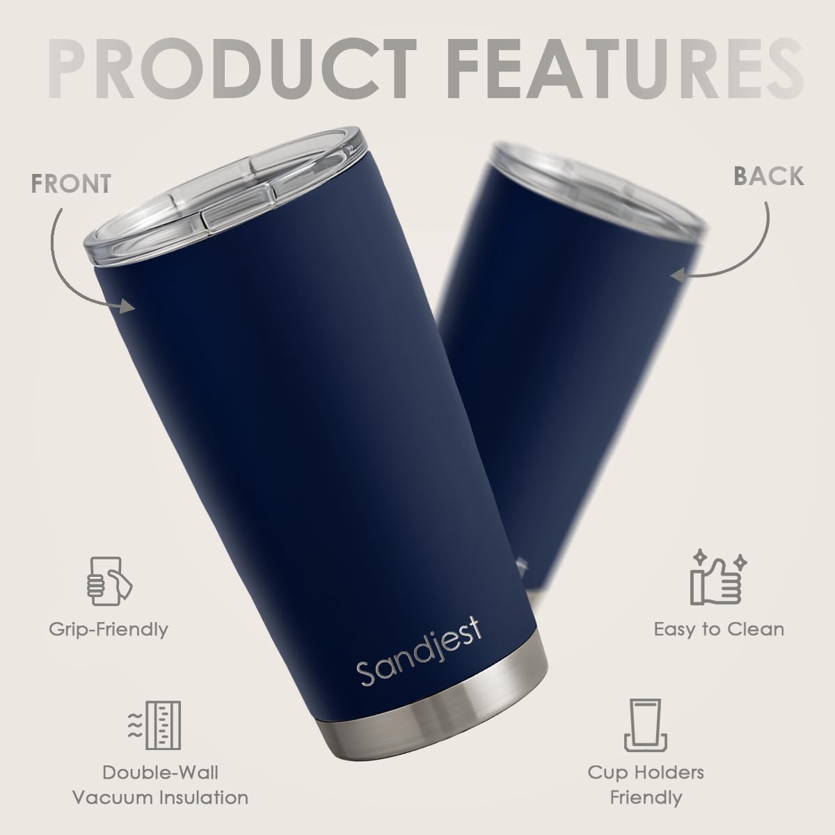 SANDJEST Navy Tumbler 20oz slide-lock lid keeps beverages secure on the go