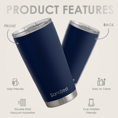 SANDJEST Navy Tumbler 20oz slide-lock lid keeps beverages secure on the go