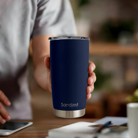 SANDJEST Navy Tumbler 20oz stainless interior resists flavors for fresh sips