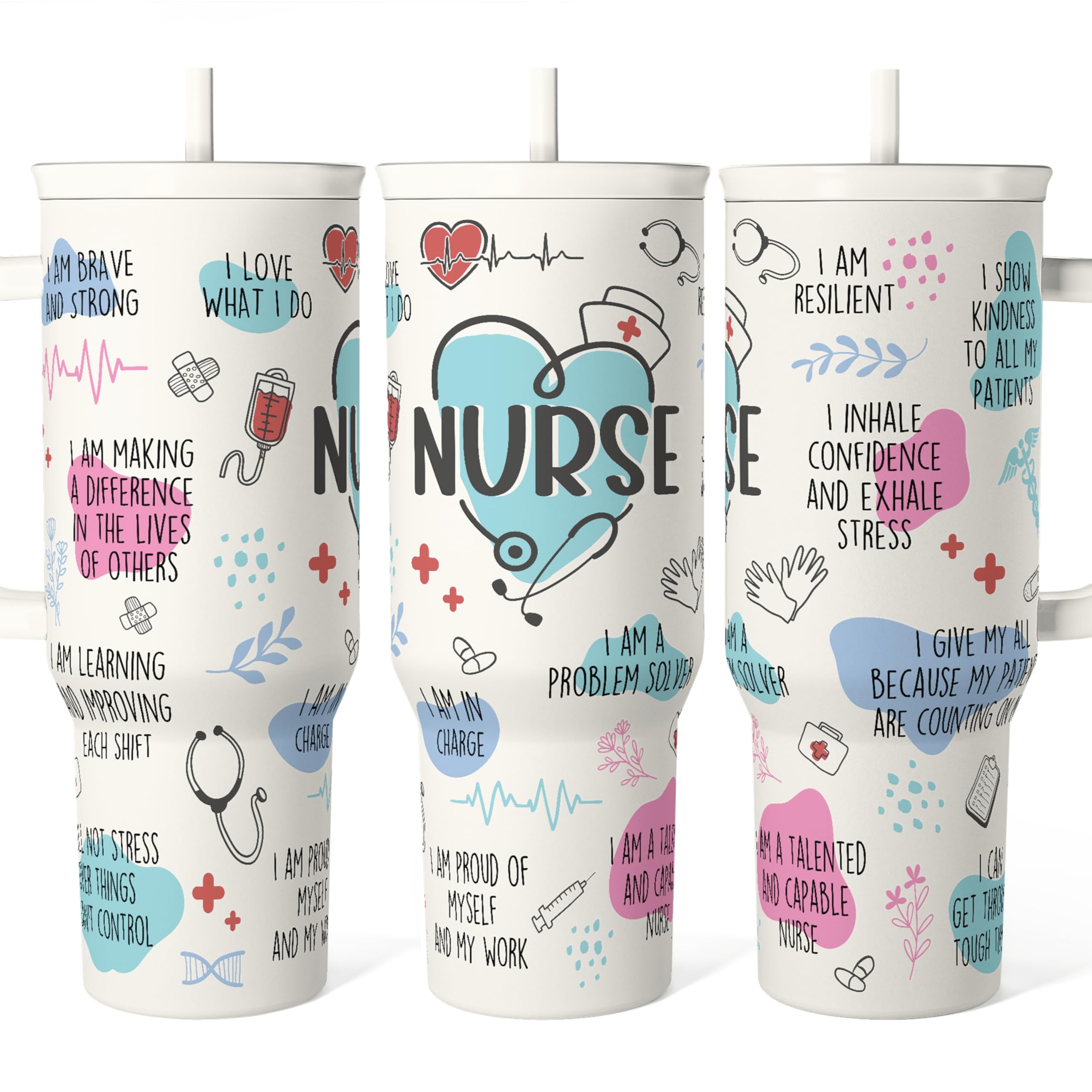 SANDJEST Nurse Tumbler 40oz with handle, ideal for on-the-go hydration.