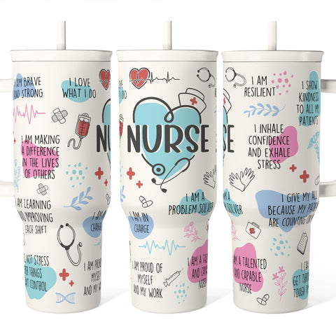 SANDJEST Nurse Tumbler 40oz with handle, ideal for on-the-go hydration.