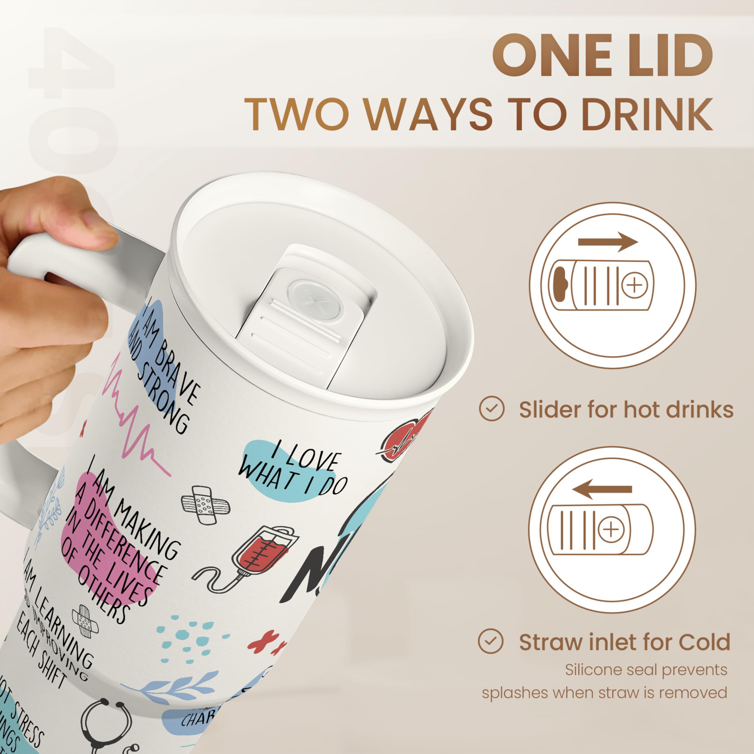 SANDJEST Nurse Tumbler logo close-up shows durable branding.