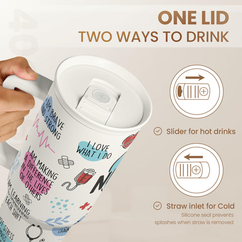SANDJEST Nurse Tumbler logo close-up shows durable branding.