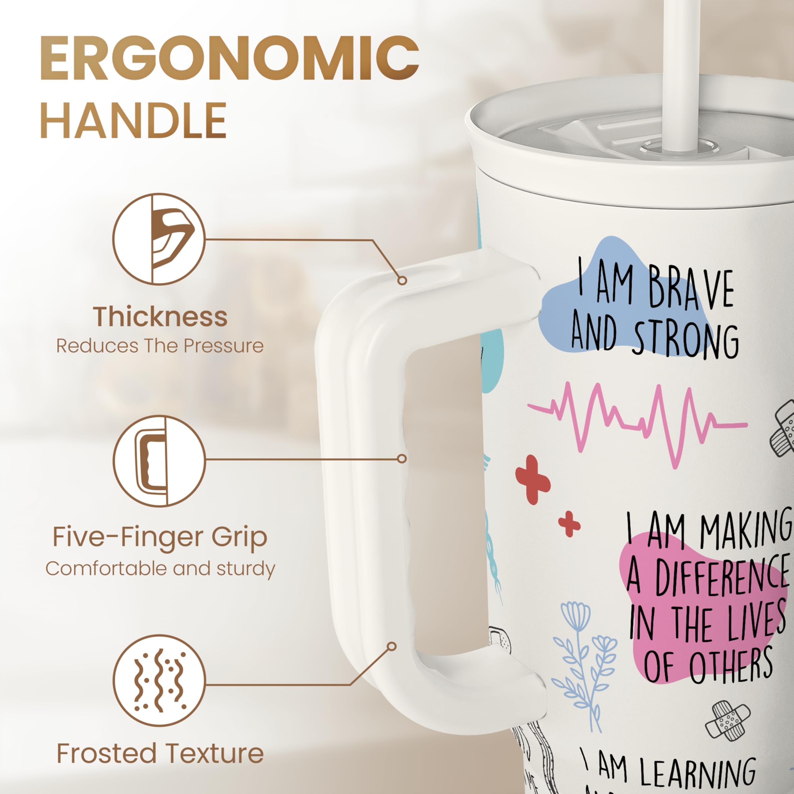 SANDJEST Nurse Tumbler with straw cap for easy sipping.