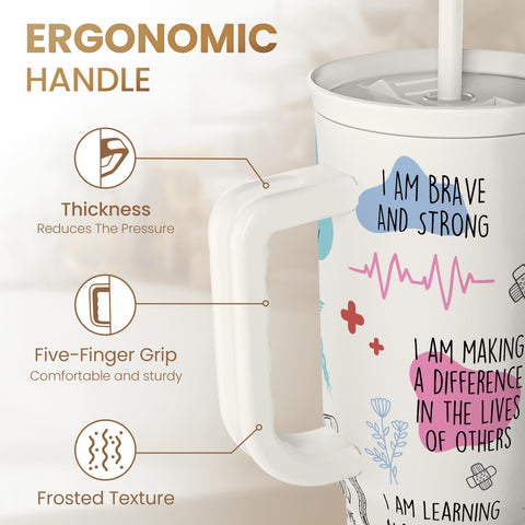 SANDJEST Nurse Tumbler with straw cap for easy sipping.