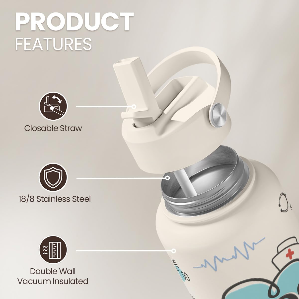 SANDJEST Nurse Water Bottle with leakproof cap keeps bags clean.