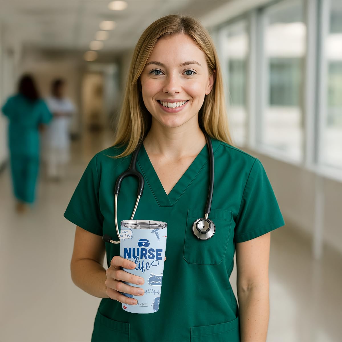 SANDJEST Nurses Tumbler 20oz daily-use scenario with secure lid and easy sip